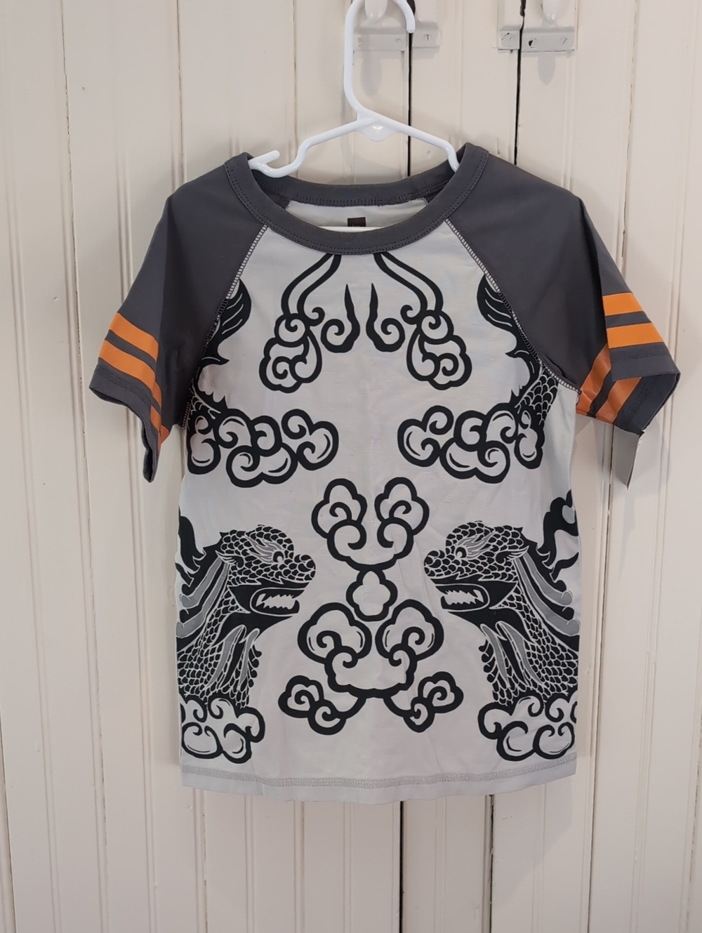 Tea Collection Gray Dragon Print Short Sleeve Tee with Orange Stripes